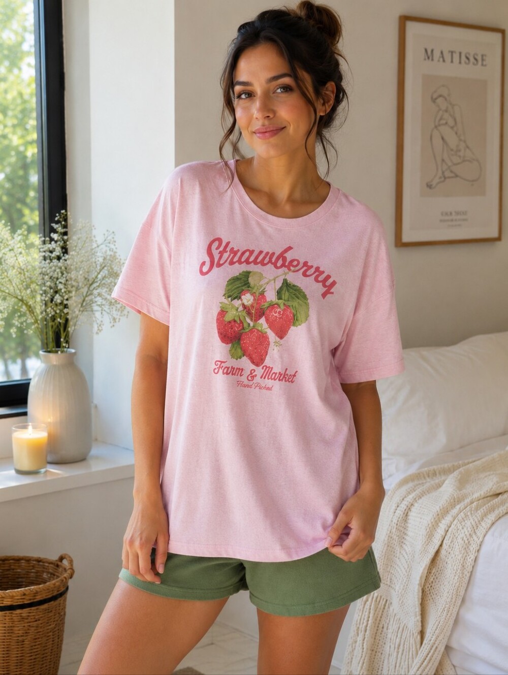 State of Mine 2pc Tee & Shorts Set Medium Pink Green Strawberry Pajamas Pockets
